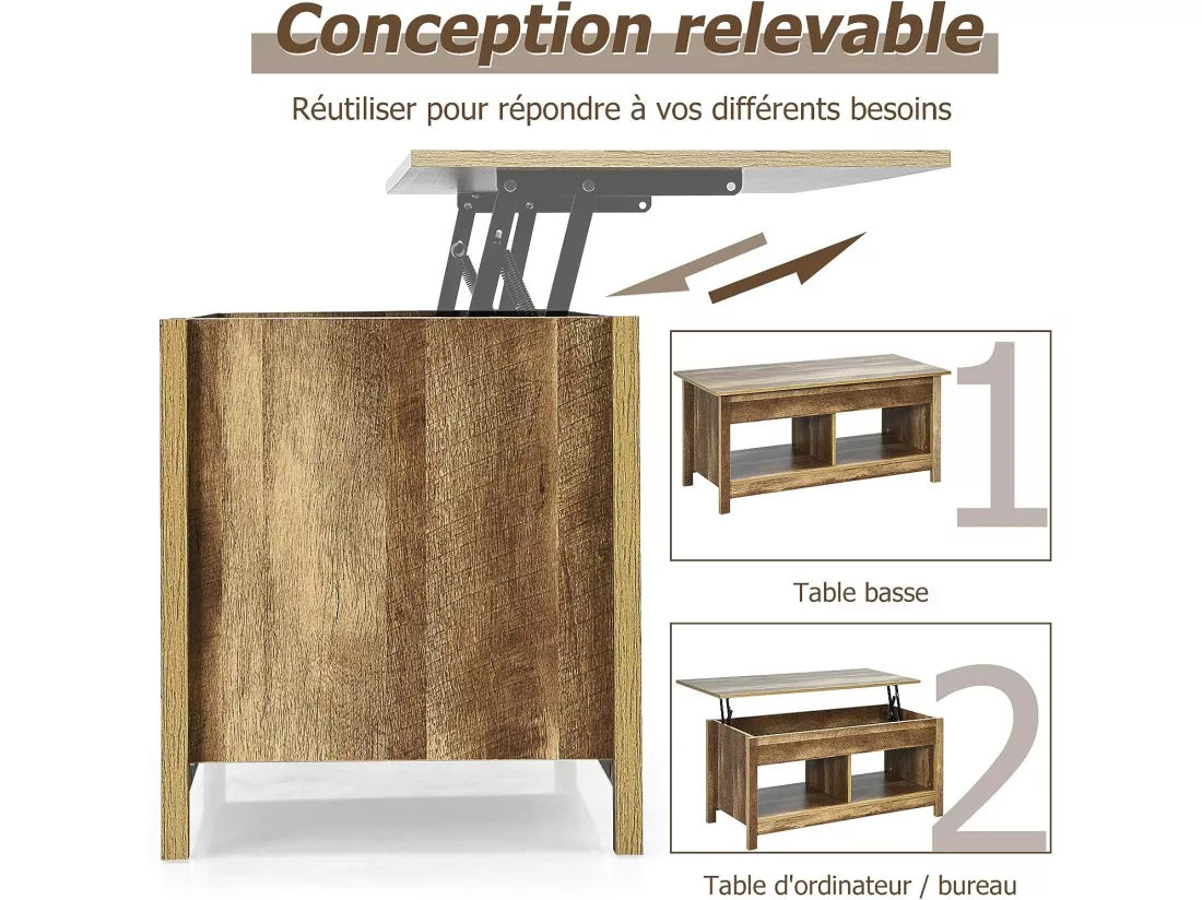 Table basse avec plateau relevable et espace de rangement caché, ideal pour salon 109 x 47,5 x 50 cm