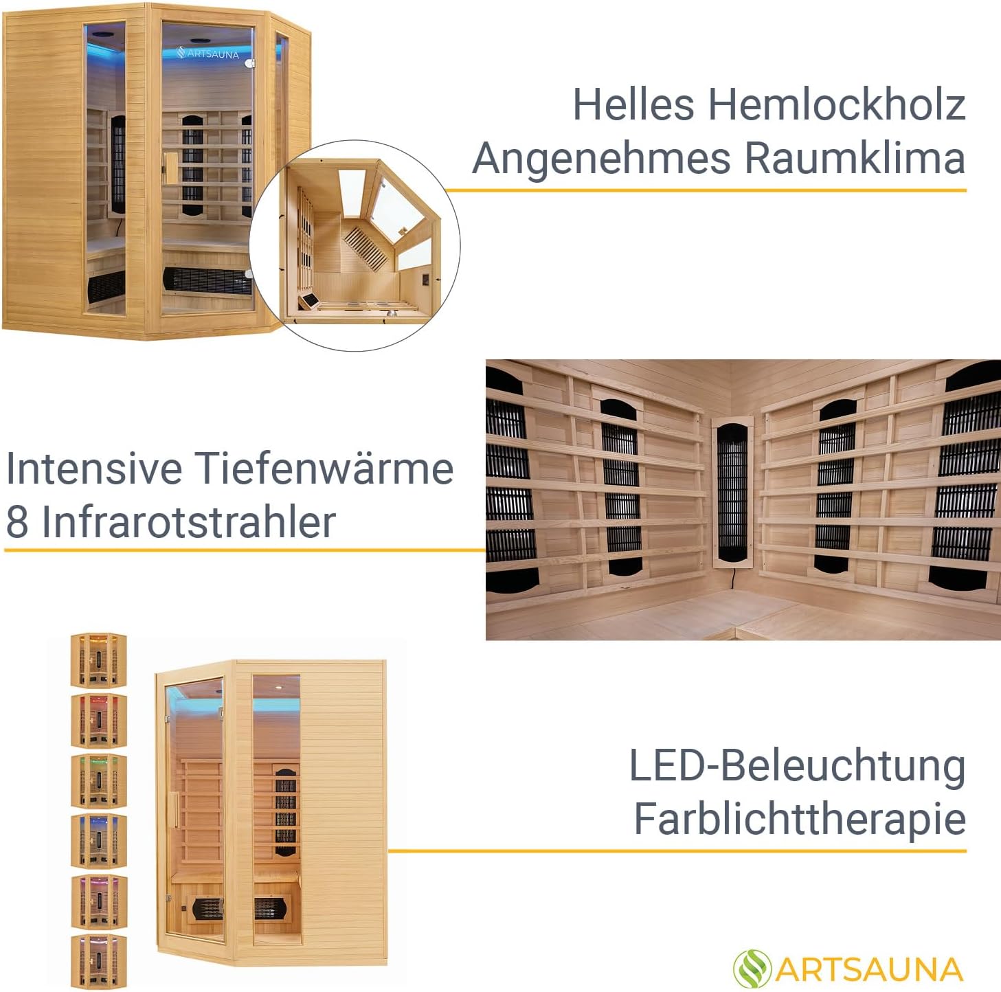 Artsauna Eck-Infrarotkabine Nyborg E150K - Infrarotsauna 150x150 cm mit Dual-Technologie & LED-Farblicht - bis zu 4 Personen - Wärmekabine aus Hemlock