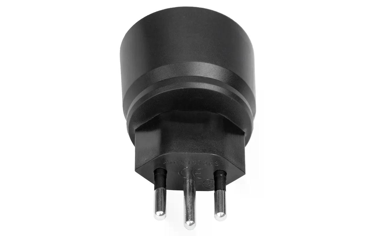 Fixadapter SchuKo Konturenstecker – T12 IP44 mit MoosgummiDeutsch (Schuko CEE7) auf Schweiz (T12) 3 Pol