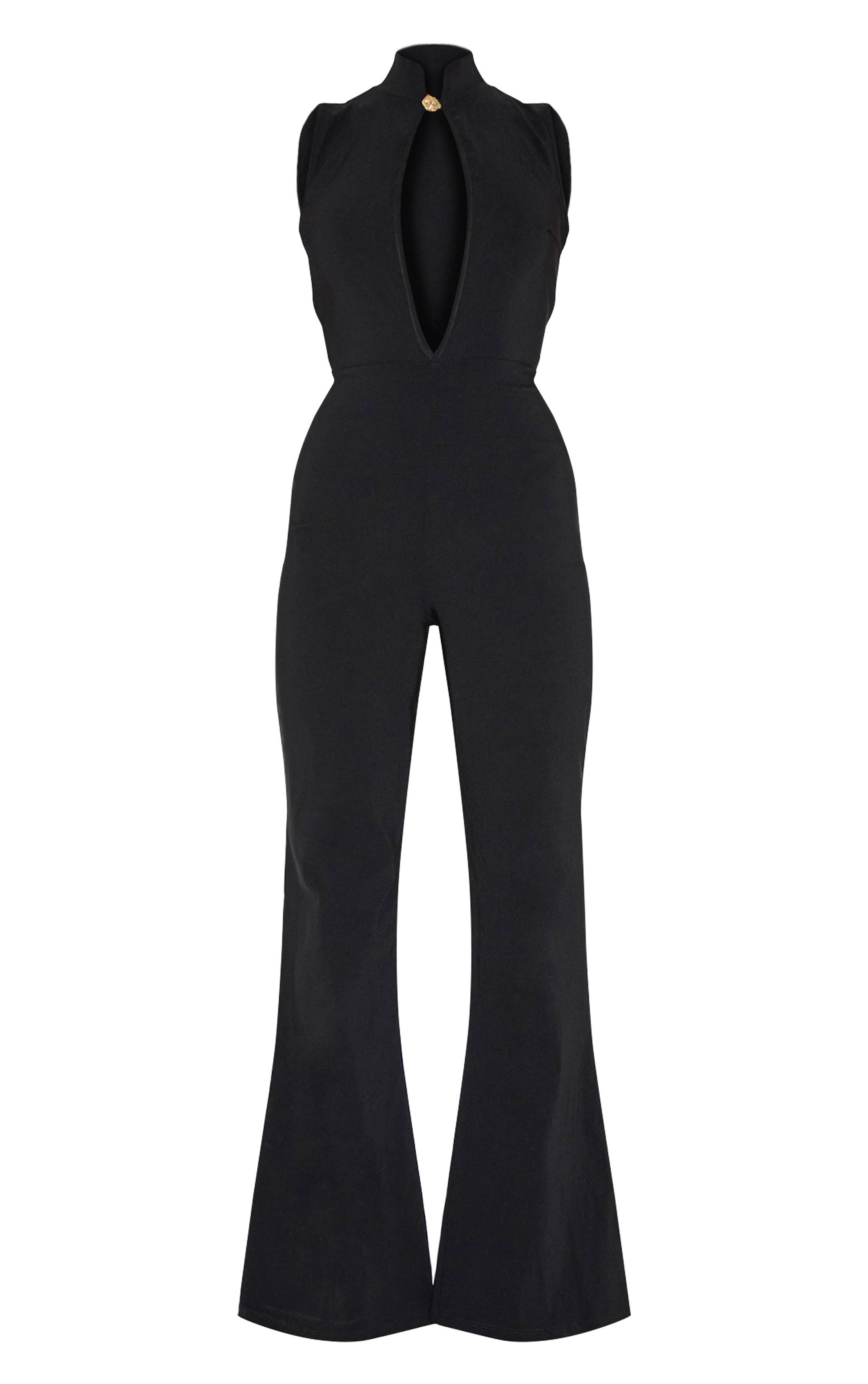 Noir Combinaison-pantalon À Col En Tissu Stretch Avec Finitions Dorées Et Jambes Droites