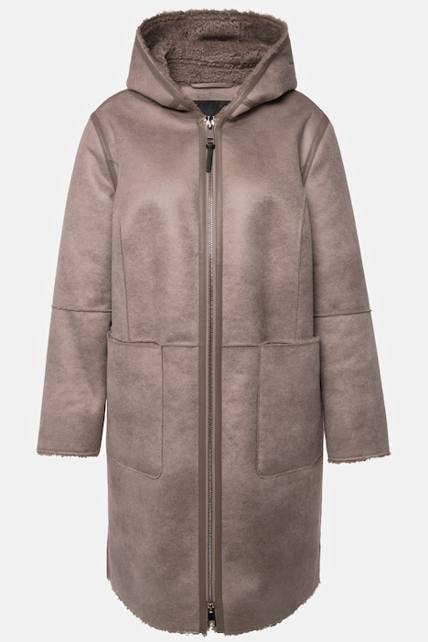 Shearling-Mantel, Lammfelloptik, 2-Wege-Zipper, Kapuze