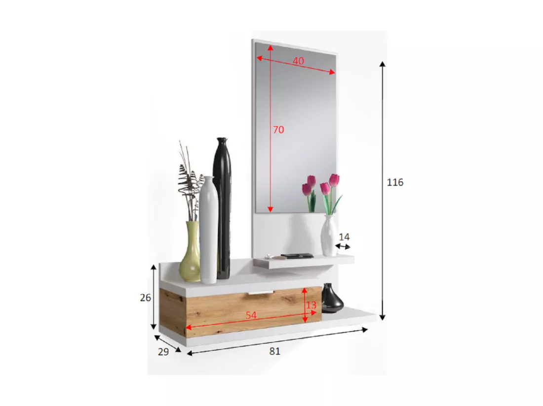 Meuble d'entrée Tijuana, Entrée avec miroir et tiroir, Plateau à poches pour hall d'entrée de petits appartements, 81x29h116 cm, Chêne blanc et noué