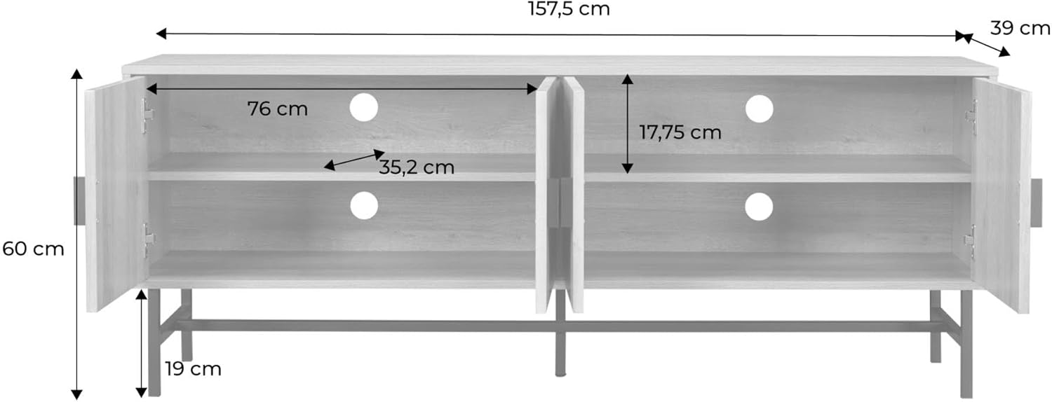 sweeek TV-Möbel, nussbaumfarbenes, geriffeltes Holzdekor, Vier Türen, Zwei Regale, L 160 x B 39 x H 60cm - Bazalt
