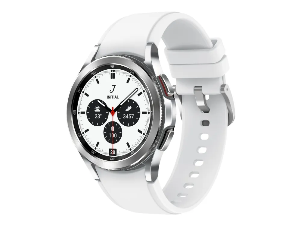 [OUTLET] - Samsung Galaxy Watch4 Classic - 42 mm - sølv - smart ur med rillesportsbånd - fluoroelastomer - hvid - display 1.2