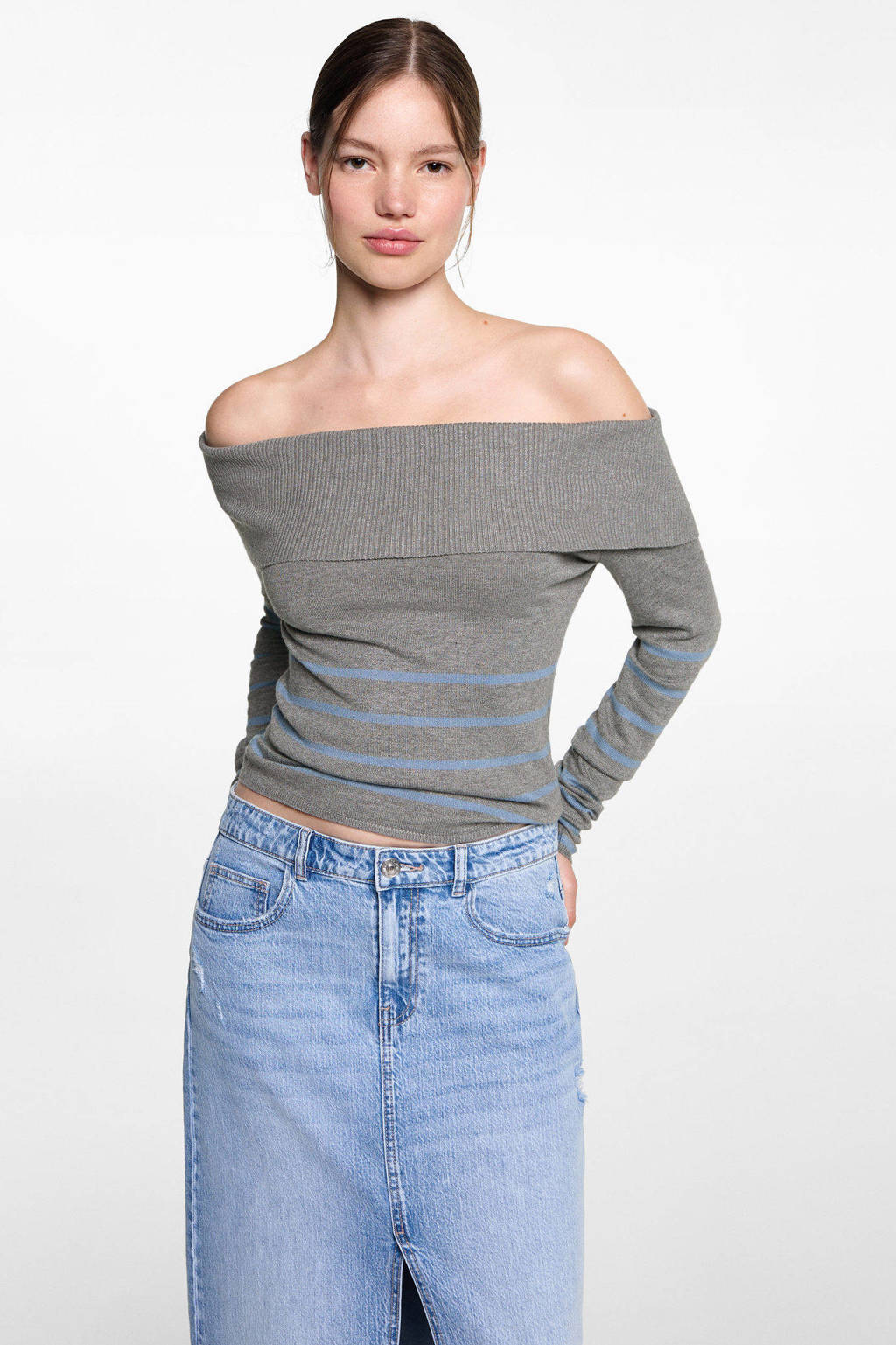 MANGO TEEN gebreide offshoulder trui grijs/lichtblauw