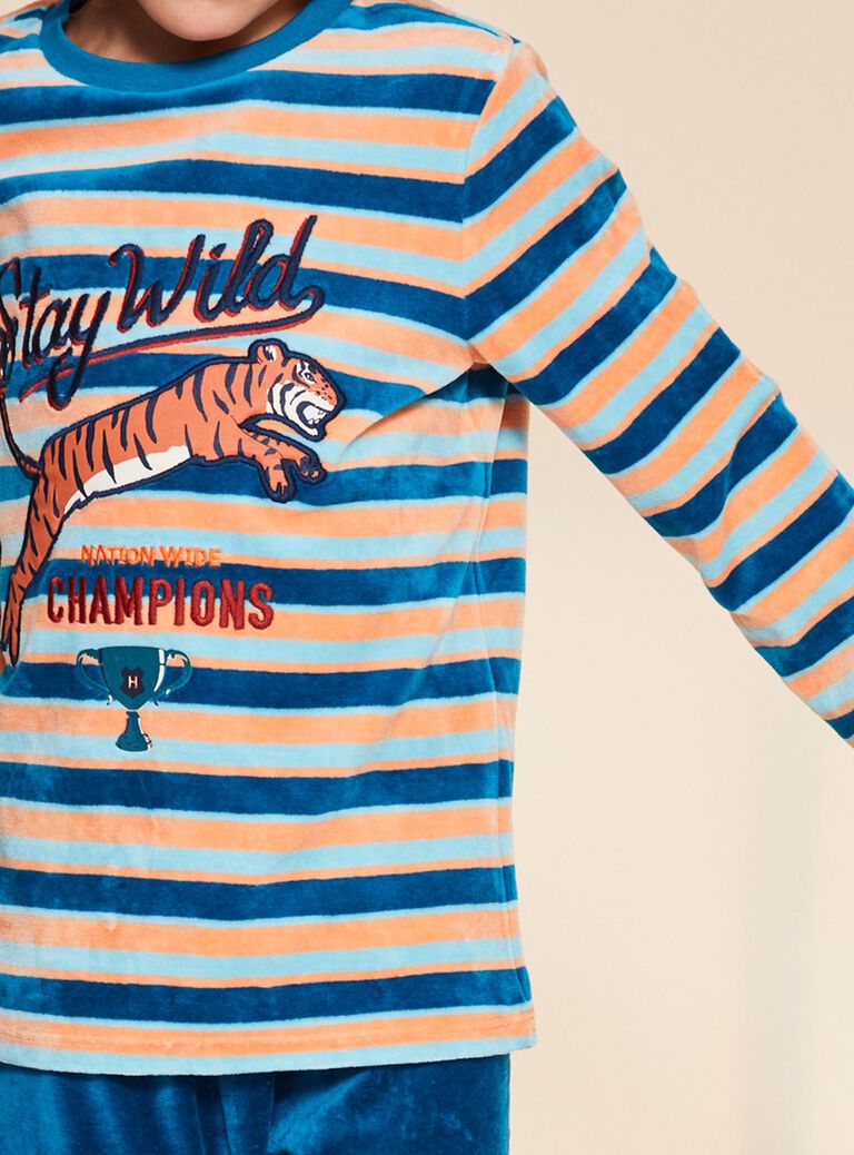 Ensemble pyjama bleu foncé en velours à rayures avec tigre