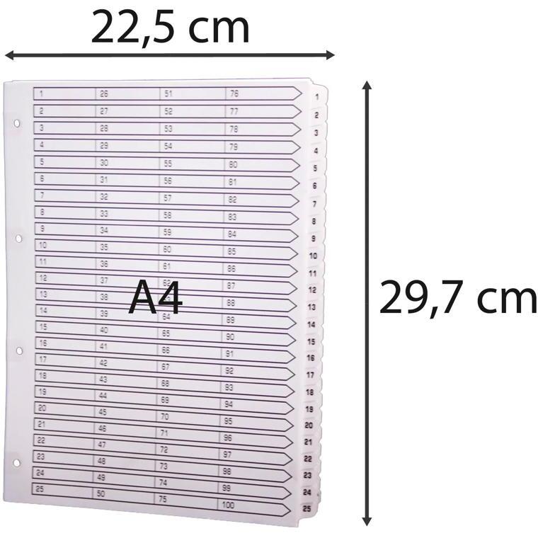 Intercalaires imprimés à touches plastifiées - 100 touches 1 à 100 - A4 - Blanc