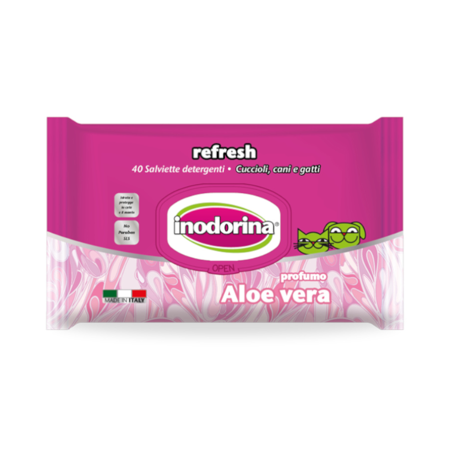 Lenços umedecidos Inodorina Refresh com Aloe Vera para cães e gatos.