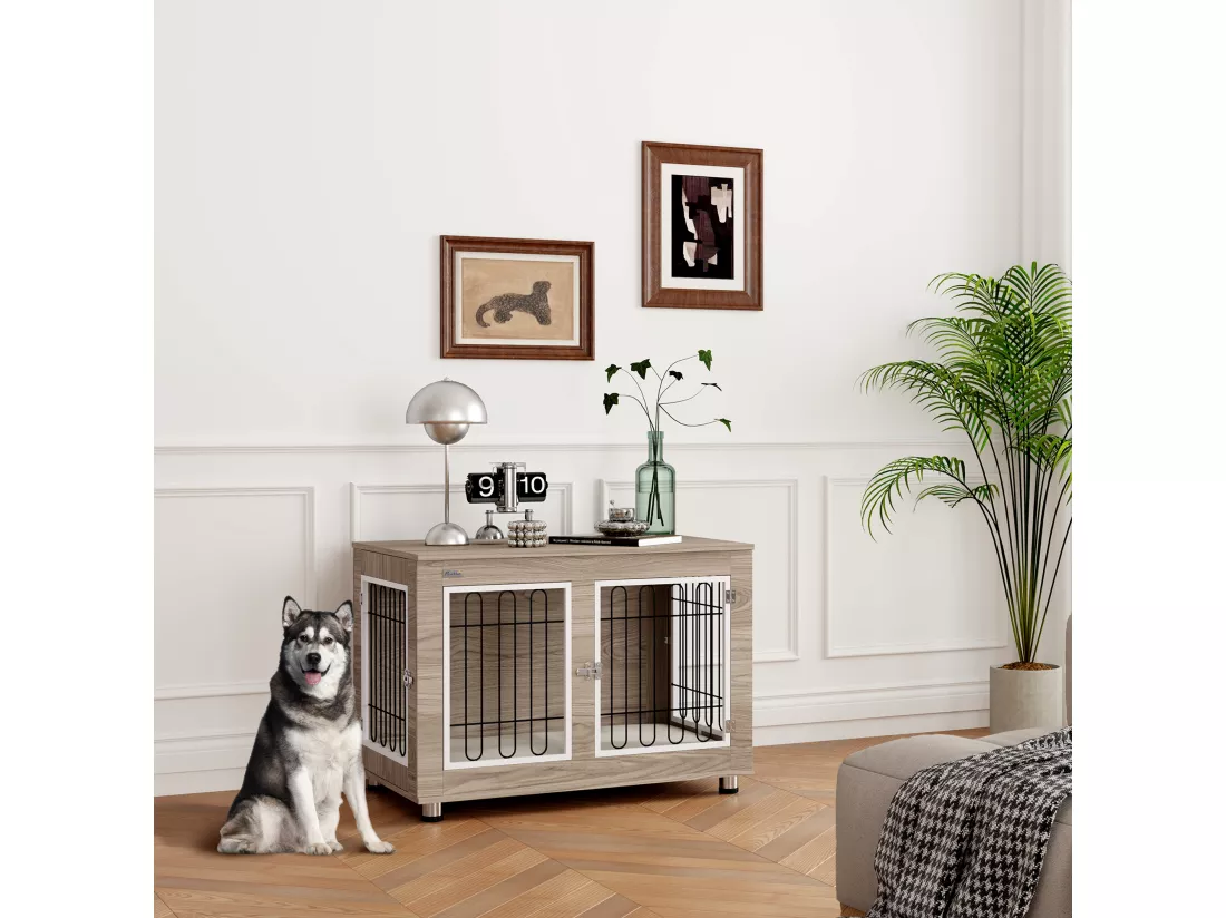 Cage pour chien sur pied - 2 portes verrouillables, coussin déhoussable inclus - acier filaire noir panneaux aspect bois brun