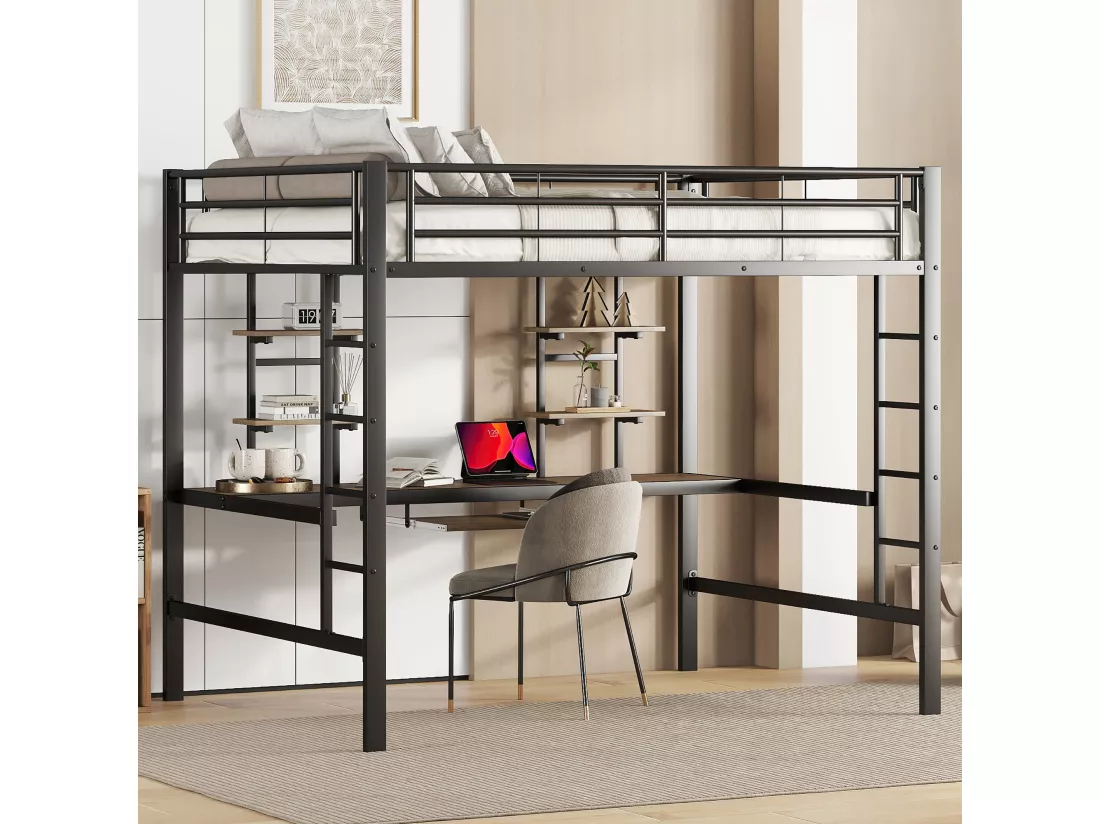Lit mezzanine 140x200cm - avec bureau et étagères - cadre en métal - Noir