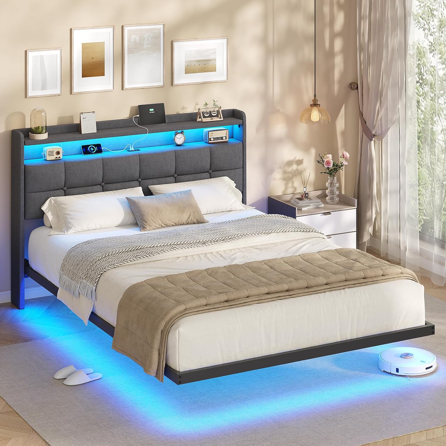 AOGLLATI Polsterbett 140x200 cm, Doppelbettgestell, Bettrahmen mit LED-Beleuchtung und Ladestation, Bettgestell mit Kopfteil, Bett Schwebebettrahmen, Metallbett, Leinen, Dunkelgrau (ohne Matratze)