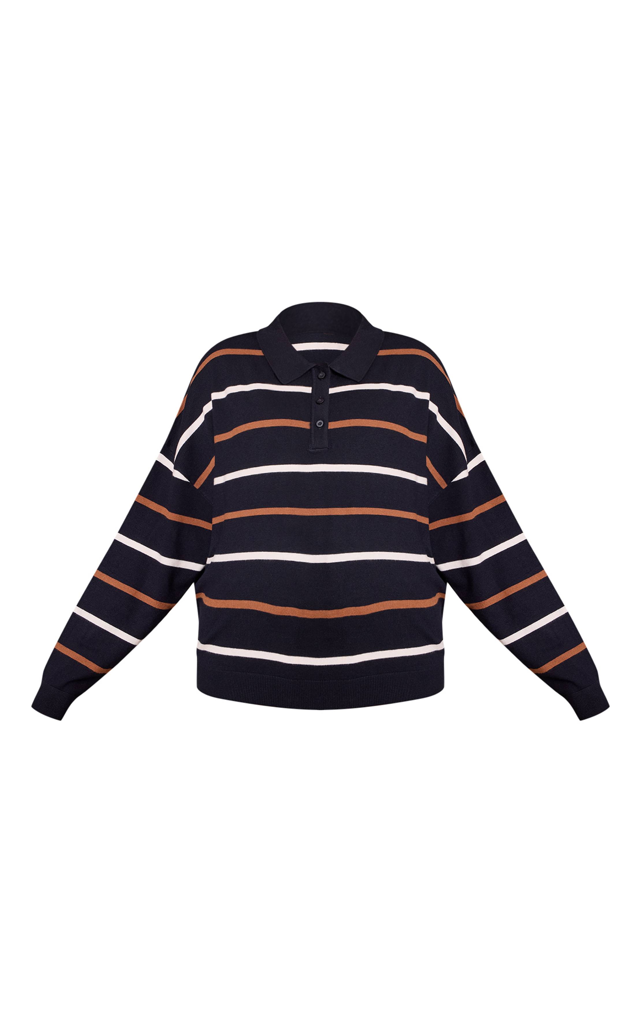 Bleu Marine Haut Rugby Polo Rayé À Manches Longues En Maille Grande Taille