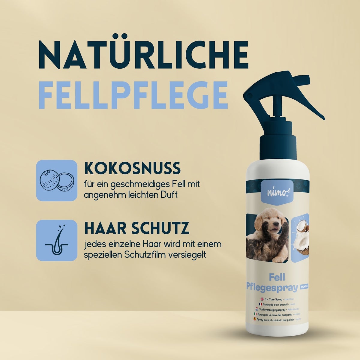 nimo® Coconut Coat Care Spray voor honden en katten • geeft glans en verzorgt de vacht