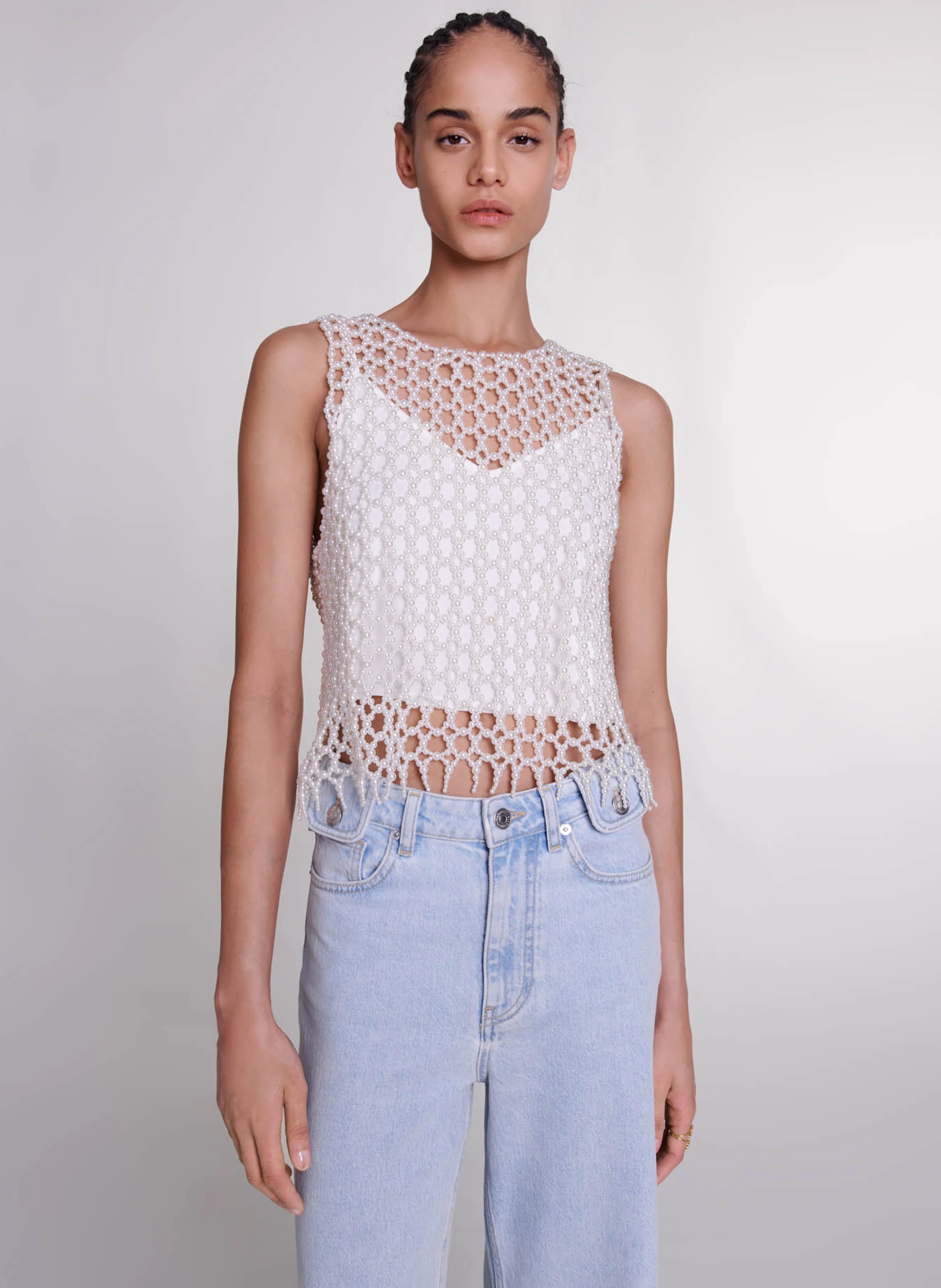 Top en perles droit à col rond | Beige
