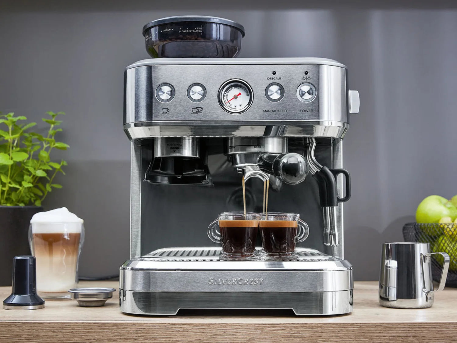 SILVERCREST&reg; KITCHEN TOOLS professional portafilter machine SSMP 1770 A2, with integrated grinder
