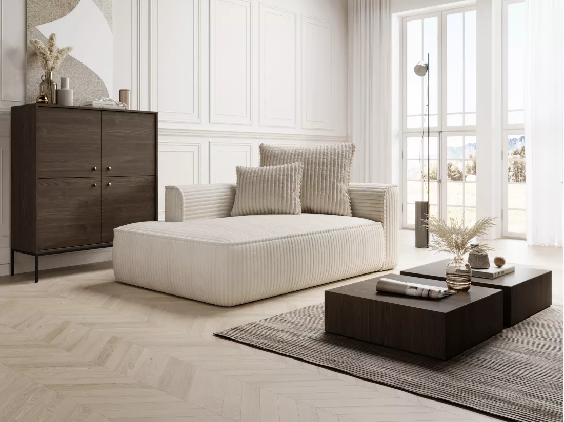 Méridienne gauche en velours côtelé grosses côtes beige PINETA