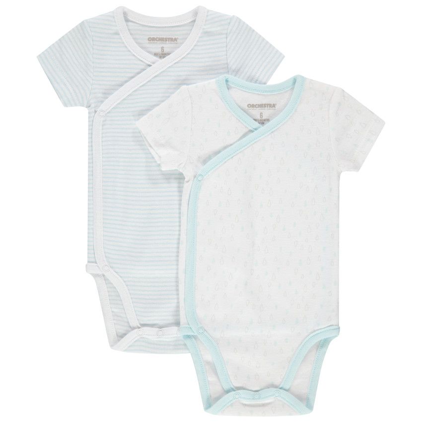 Lot de 2 bodies manches courtes en coton bio à rayures / imprimé all-over - Blanc