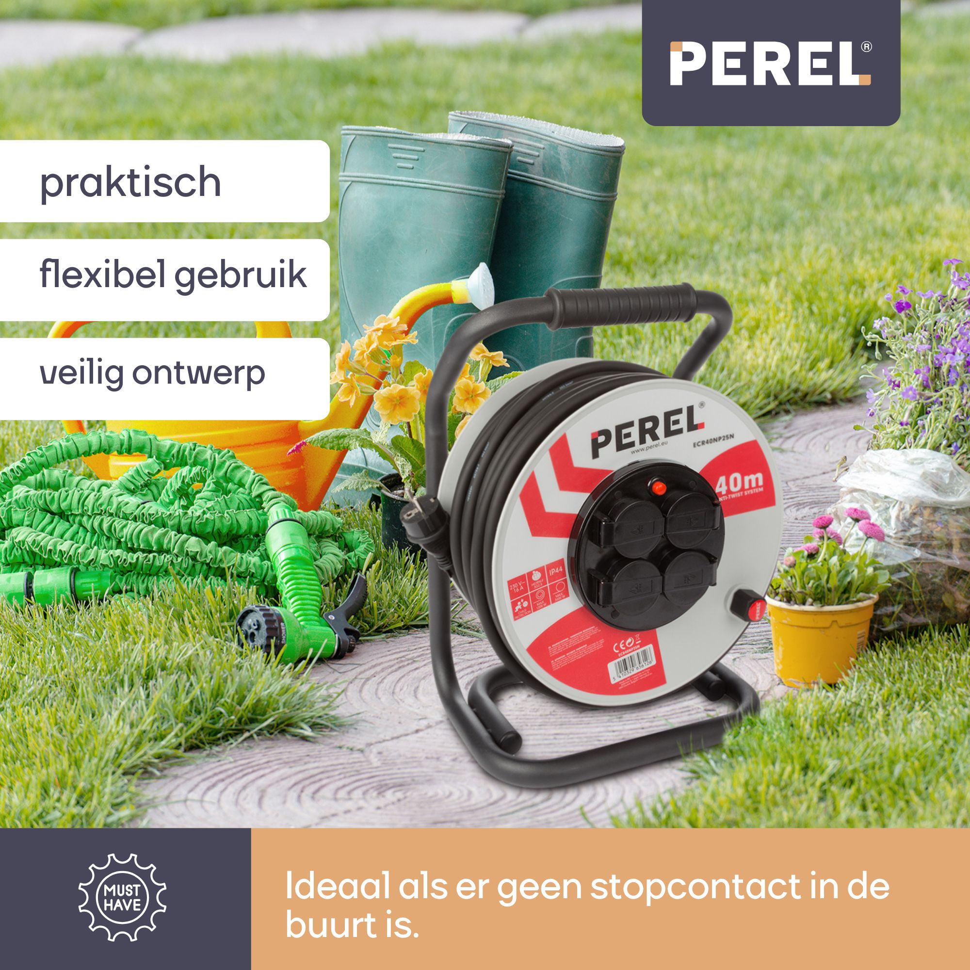 Perel ECR40NP25N 4-voudige kabelhaspel - 40 meter