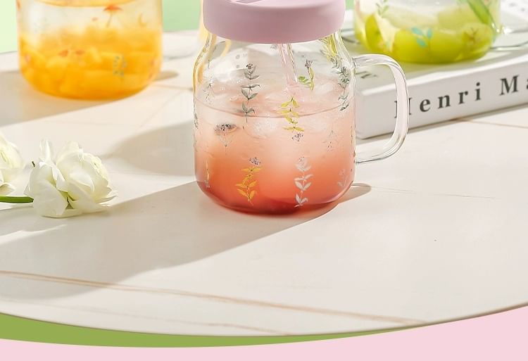 Kawa Simaya - Glazen drinkbeker met print en rietje (verschillende ontwerpen)