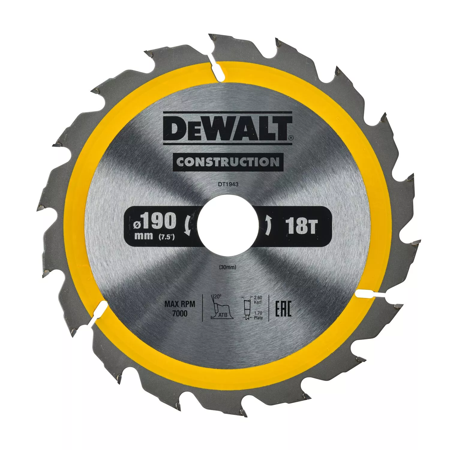 DeWALT DT1943 Cirkelzaagblad - 190 x 30 x 18T - Hout (met nagels)