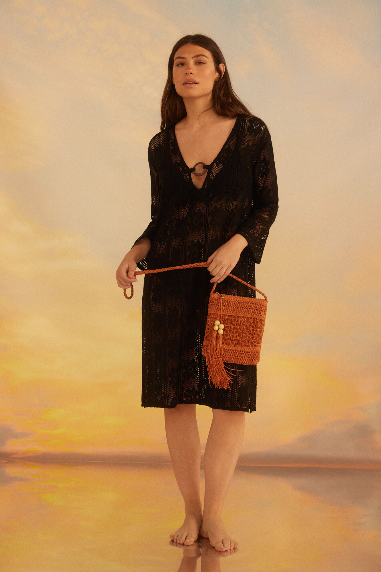 Caftan longo de crochê - Preto
