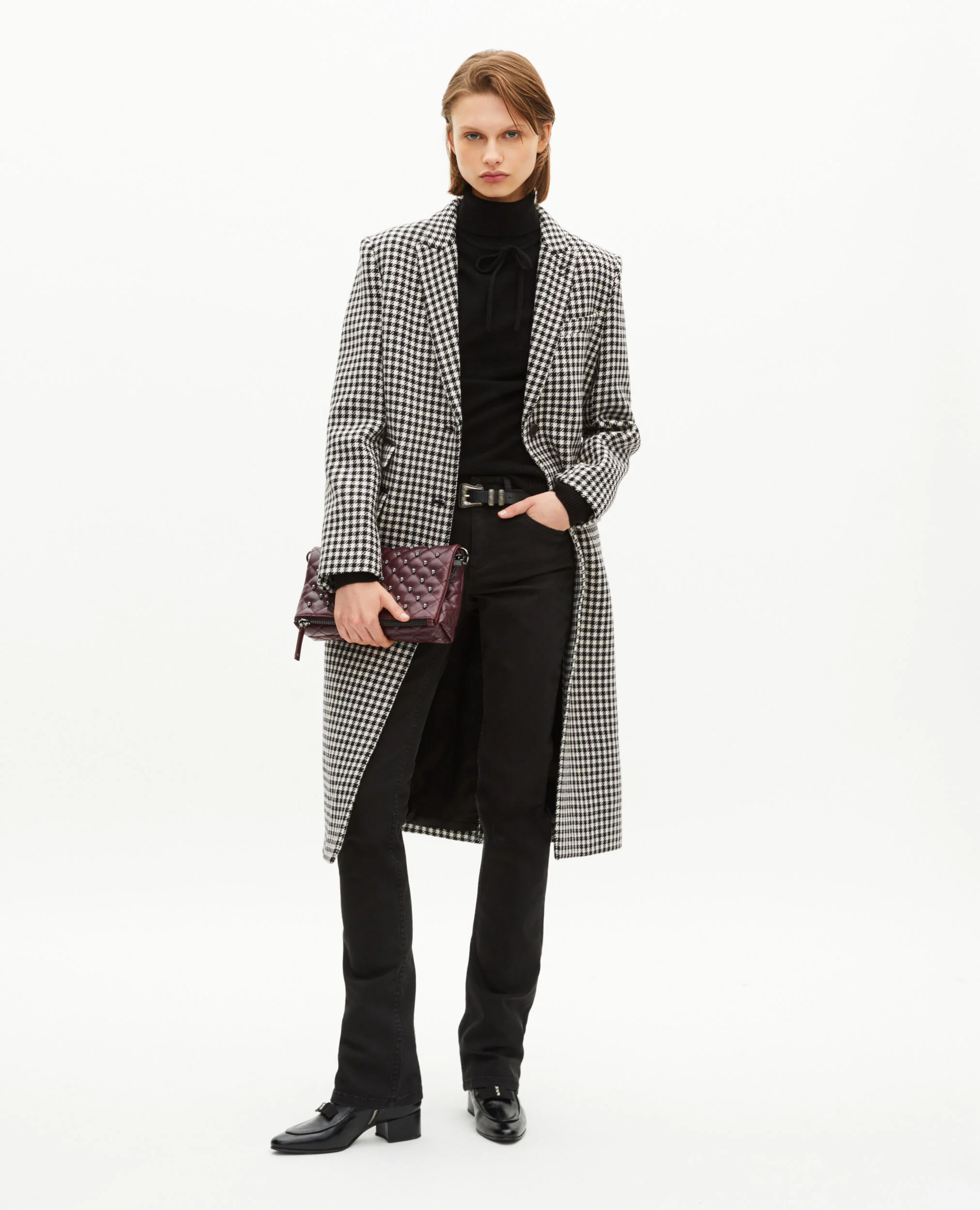 Manteau long pied de poule en laine noir et blanc