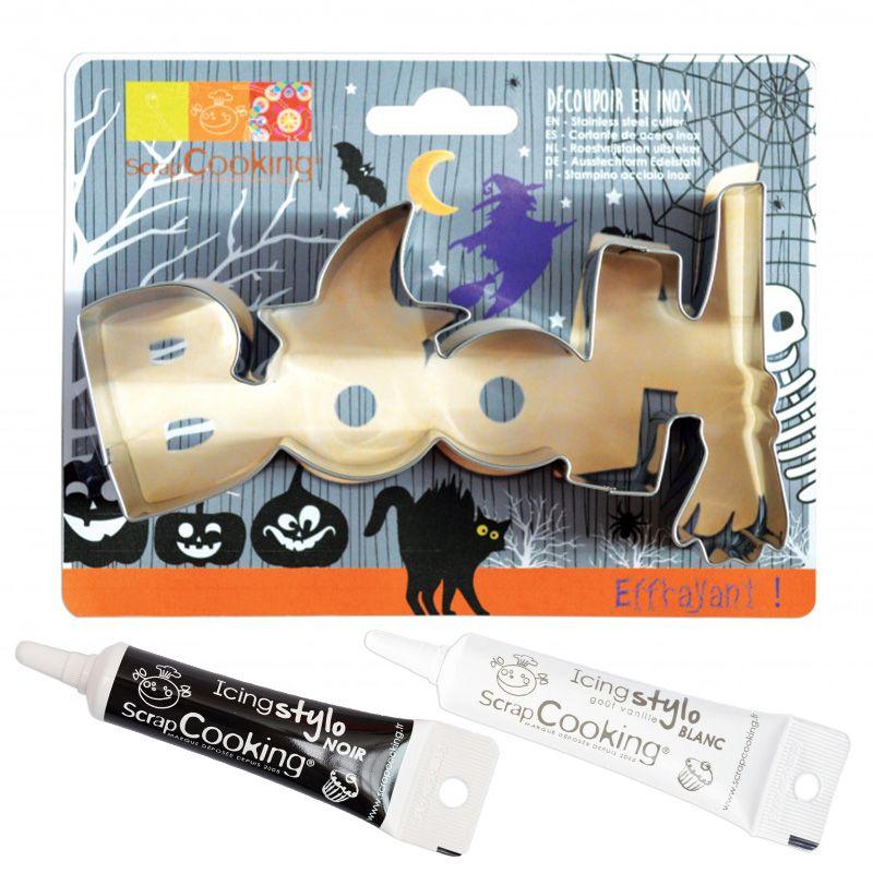 Découpoir à biscuits en inox Booh Halloween + stylos alimentaires noir