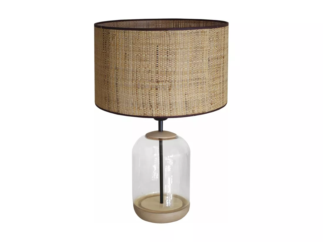 Lampe de chevet cylindre bois,verre,transparent,paille 53 cm.
