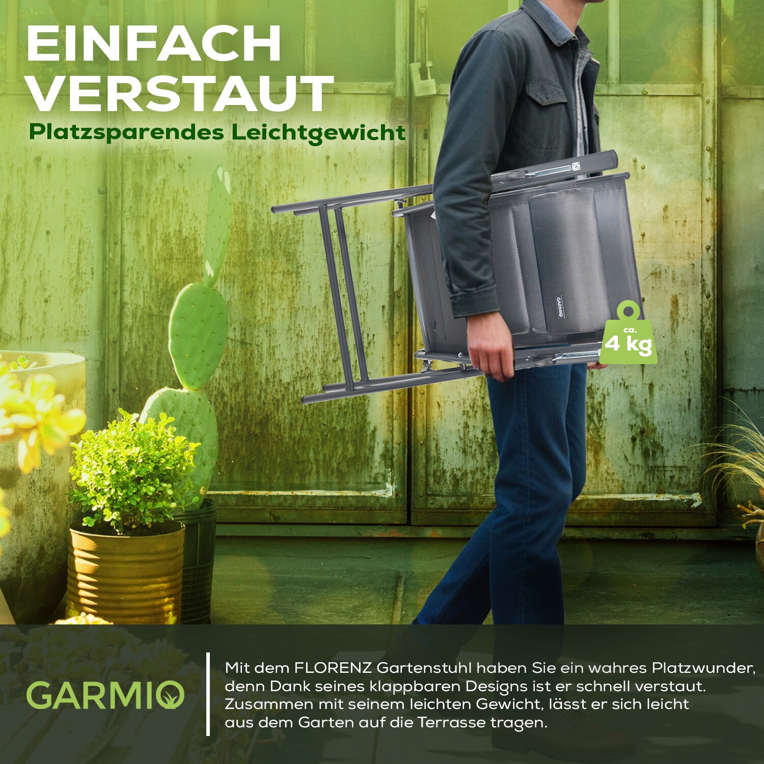 GARMIO® Gartenstuhl Balkonstuhl FLORENZ anthrazit, 4er SET, 7-fach verstellbar, klappbar, inkl. Nackenkissen, für Terrasse