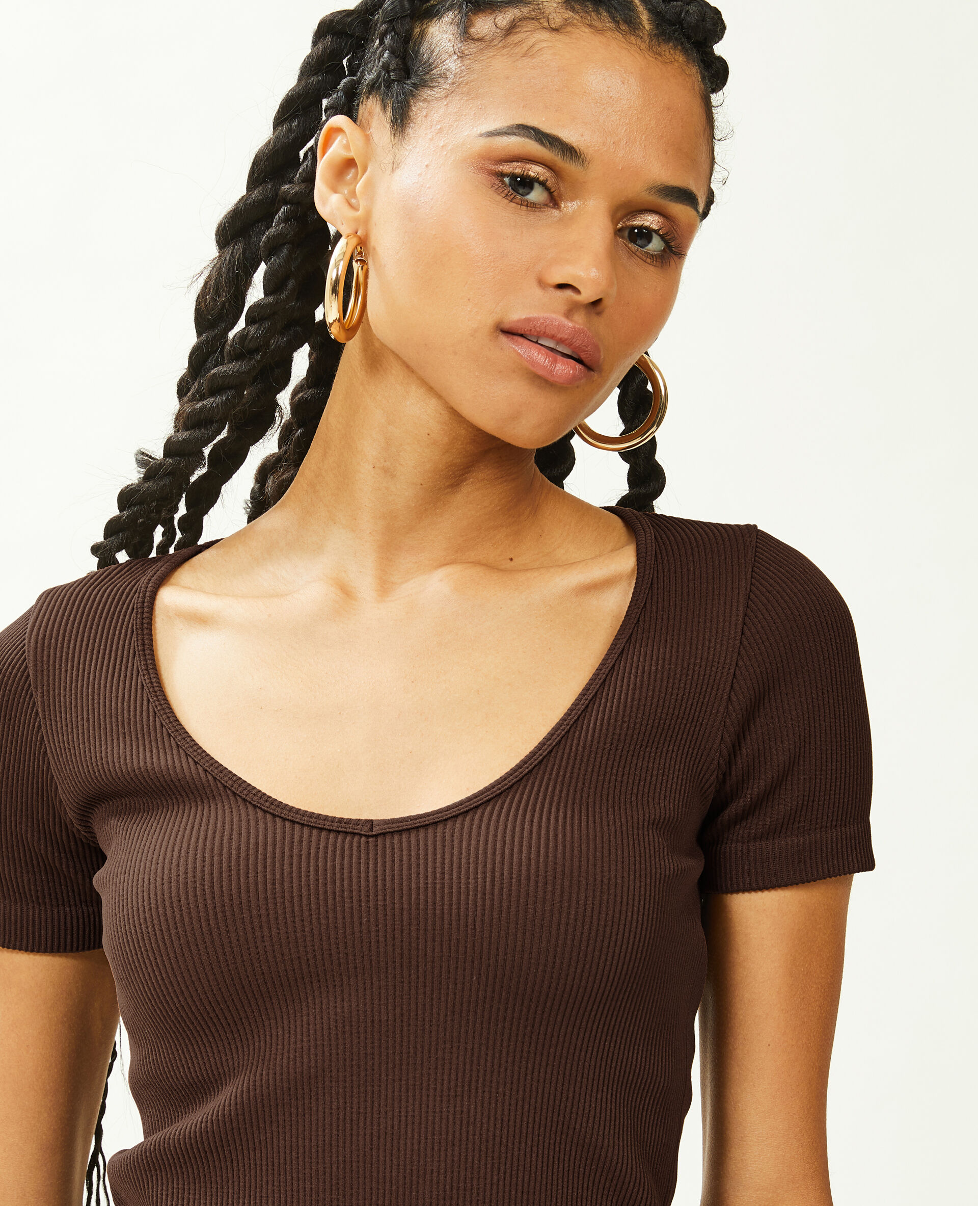 T-shirt cropped col V - Marron