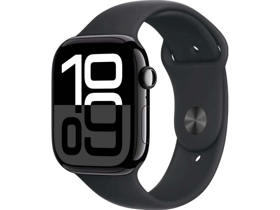 Apple Watch Series 10 (GPS) - 42 mm - jet sort aluminium - smart ur med sportsbånd - fluoroelastomer - sort - båndstørrelse: S/M - 64 GB - Wi-Fi 4, UWB, Bluetooth - 30 g