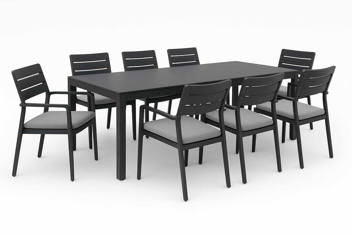 Gartenmöbel Set Tisch mit 8 Stühlen Aluminium Schwarz Polyester Gewebe