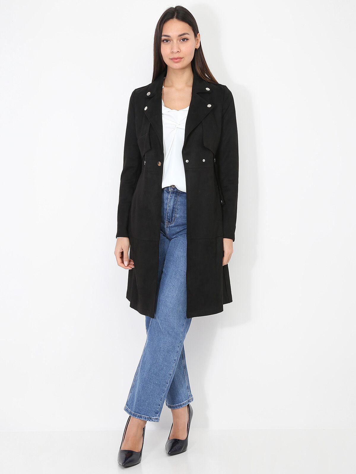 Veste longue ceinturée en suédine- Noir