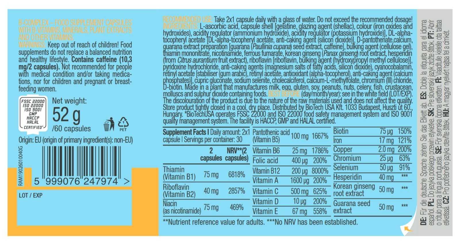 Biotech USA Complexo de Vitamina B 60 cápsulas