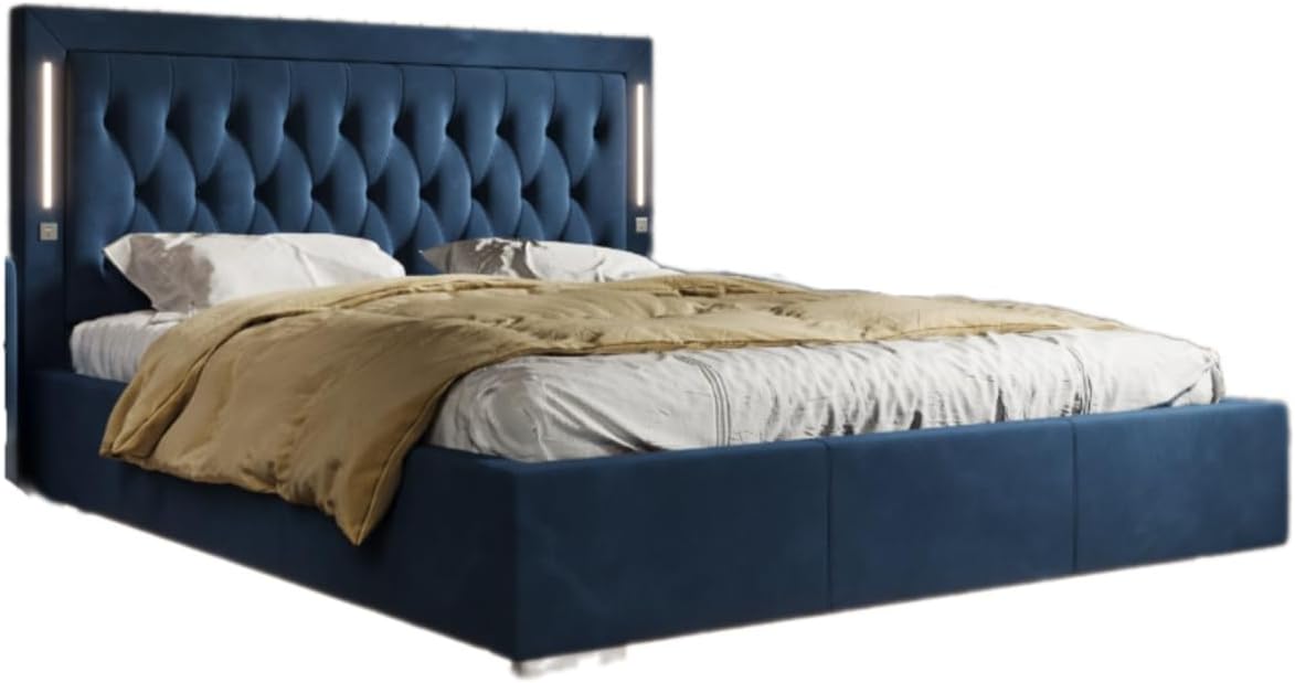 Designer Polsterbett Relina 180x200 inkl. RGB-Beleuchtung, USB-Anschluss und Stauraum | Bezug: Samt | Farbe: Blau