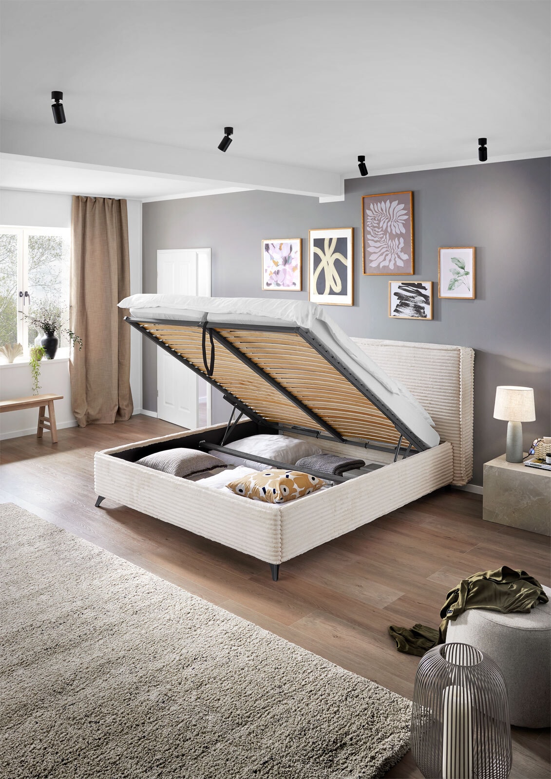 Polsterbett Elodie 215x120x223 cm Cordbezug Ivory beige