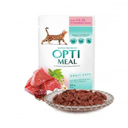 Alimento úmido Optimeal para gatos, sabor carne com molho de cranberry.