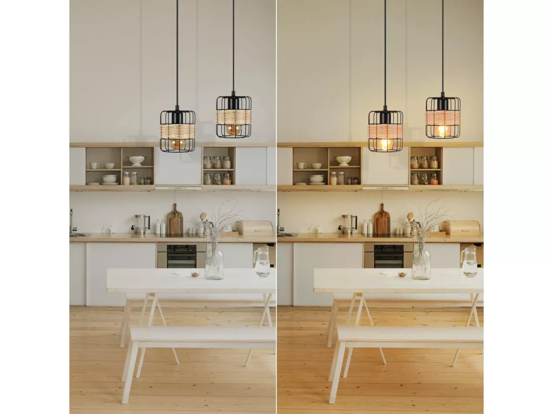 NETTLIFE Suspension E27 Noir Vintage Rotin Boho Métal Bois Lampe de Cuisine Bambou Naturel Abat-Jour Panier pour Salle à Manger Salon