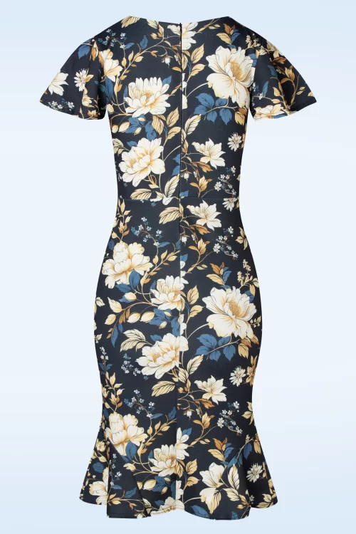 Vintage Chic for Topvintage Katie Floral pencil jurk in donkerblauw
