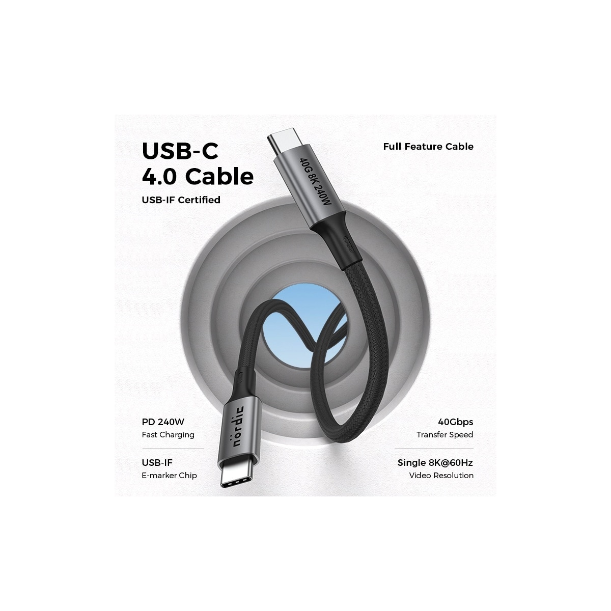 NÖRDIC 1,5 m USB4 USB-C til C nylonflettet kabel PD3.1 240W 40G 8K60Hz 4K144Hz grå