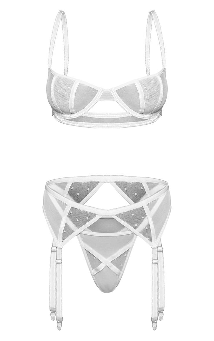 Blanc Ensemble Soutien-gorge Porte-jarretelles À Pois Contrastés Avec Détails De Panneaux