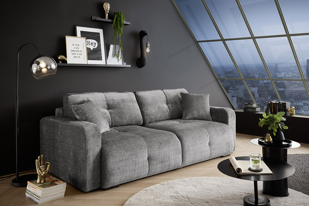 Modernes Schlafsofa DIAMOND 235cm silbergrau Chenille Cremona mit Stauraum 3-Sitzer