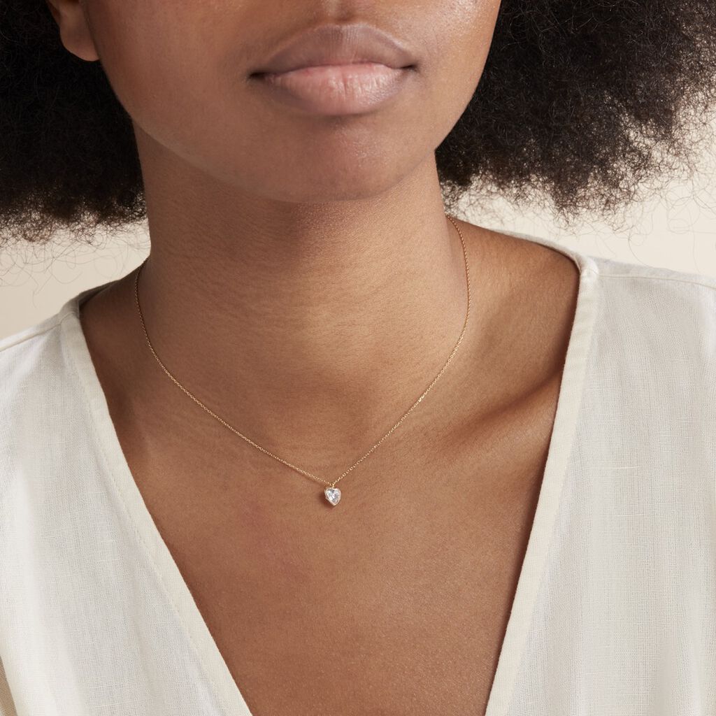 Collier Coeur Serti Clos Or Jaune Oxyde De Zirconium