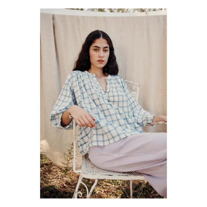 Louise Misha Blouse Jeannali Carreaux Coton Bio et Lin - Collection Femme | Bleu
