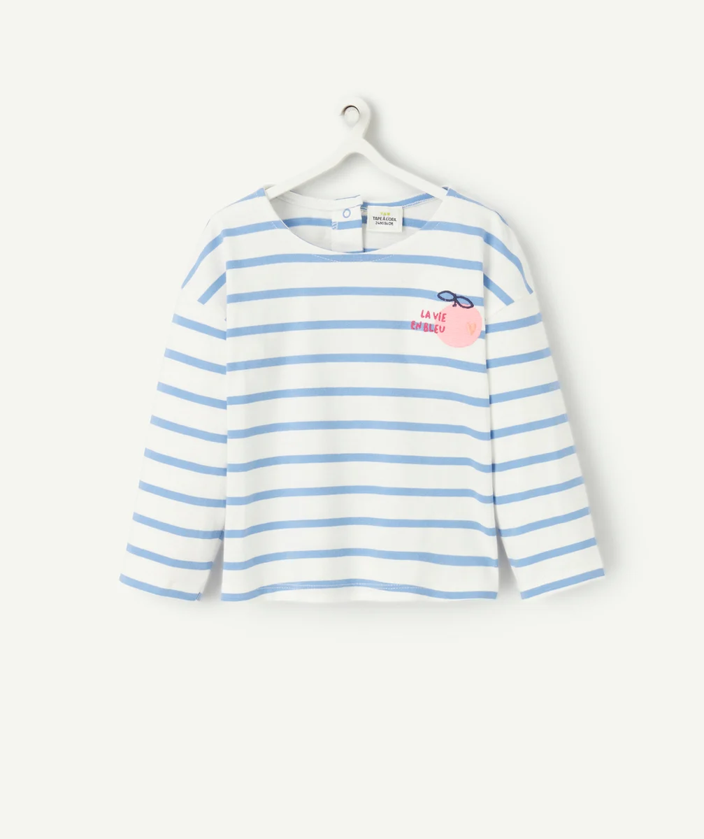 T-SHIRT BÉBÉ FILLE EN COTON BIO IMPRIMÉ À RAYURES BLEUES AVEC MOTIF FRUIT