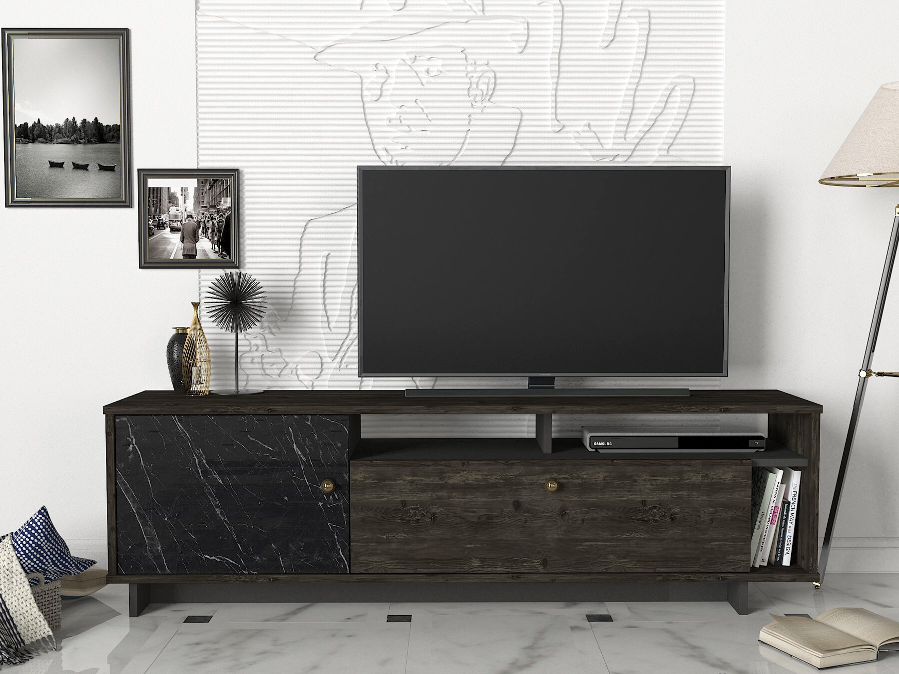 TV Lowboard Artem Rebab Braun Dunkelgrau ( Marmor Optik )