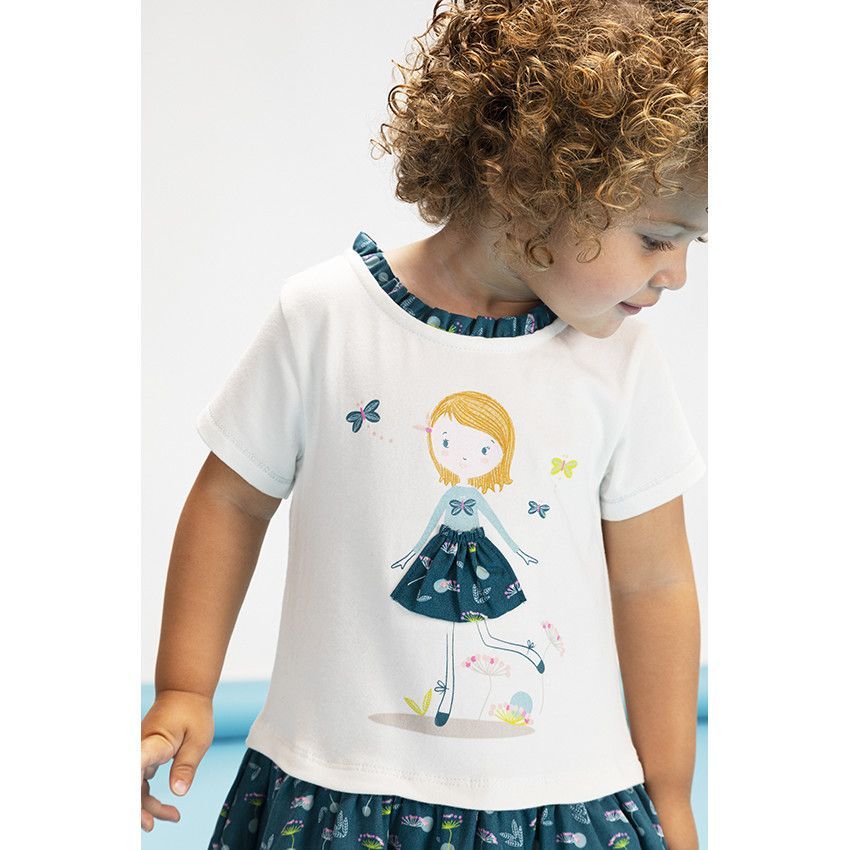 Robe manches courtes 2 en 1 en jersey imprimé fillette pour bébé fille - Ecru