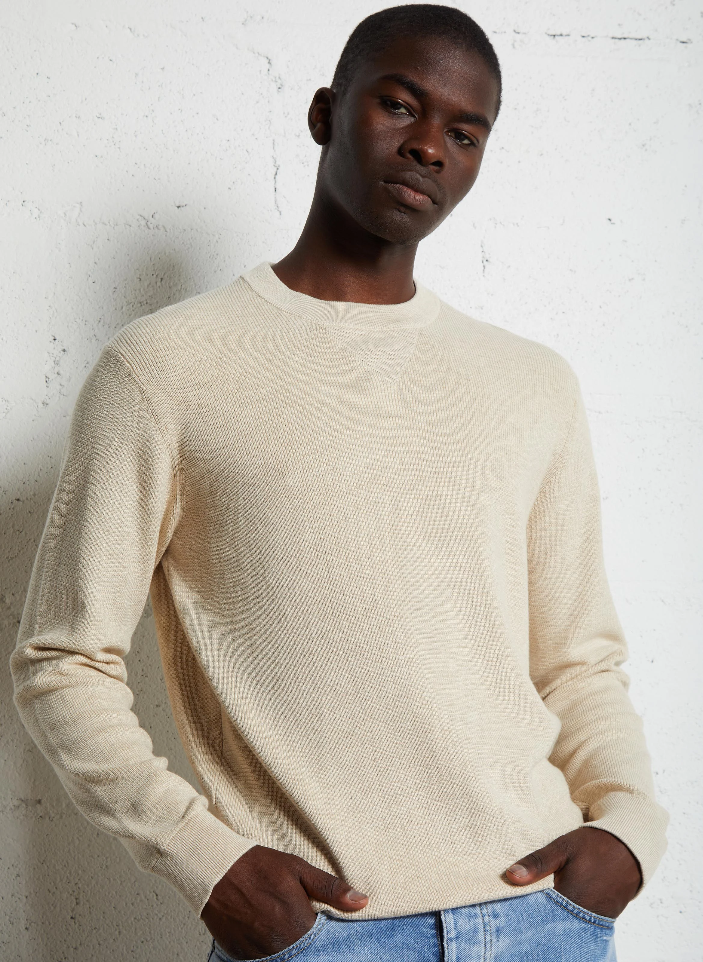 Pull col rond en coton et soie | Beige
