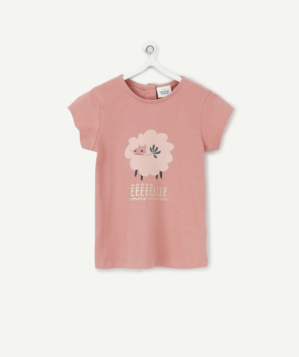 T-SHIRT À MANCHES COURTES BÉBÉ FILLE EN COTON BIO ROSE MOTIF MOUTON