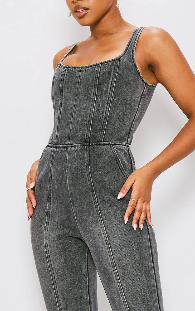 Noir Délavé Combinaison En Jean Évasée À Détails De Coutures Sur Le Corsage